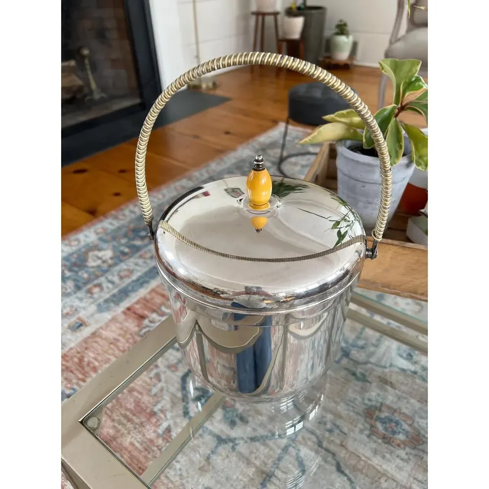Vintage Silver MCM Ice Bucket Sheffield Silver Company Pyrex Insert, Made in USA